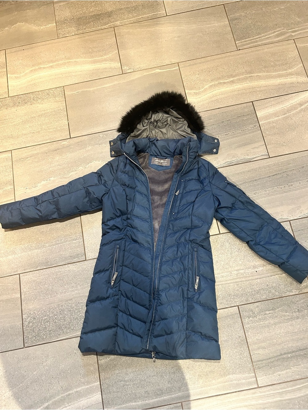 Eddie Bauer Dark Blue Long Quilted Puffer Coat with Faux-Fur Hood